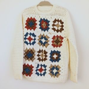 Handmade Knitted Sweater Beige with colorful motif, Untagged Unique Winter Knit